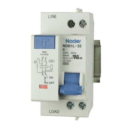 Asi Circuit Breaker, NDB1L-32C Series, 16A, 2 Pole, 240V AC, 4.5kA, C Curve NDB1L-32C-16-240V